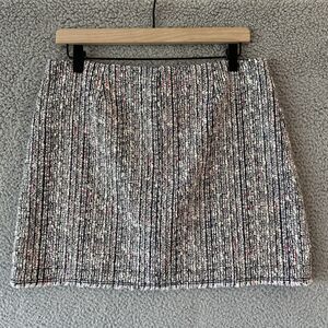 Theory Skirt 6 Small Mini Tweed Knit Raw Hem Exposed Zip Black White Red Boho